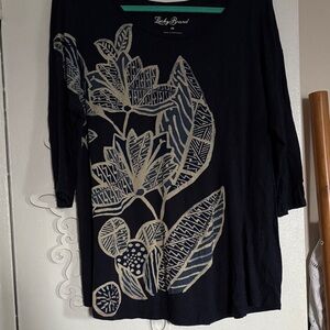 Lucky Brand Navy Leaf Pattern Long Sleeve Top